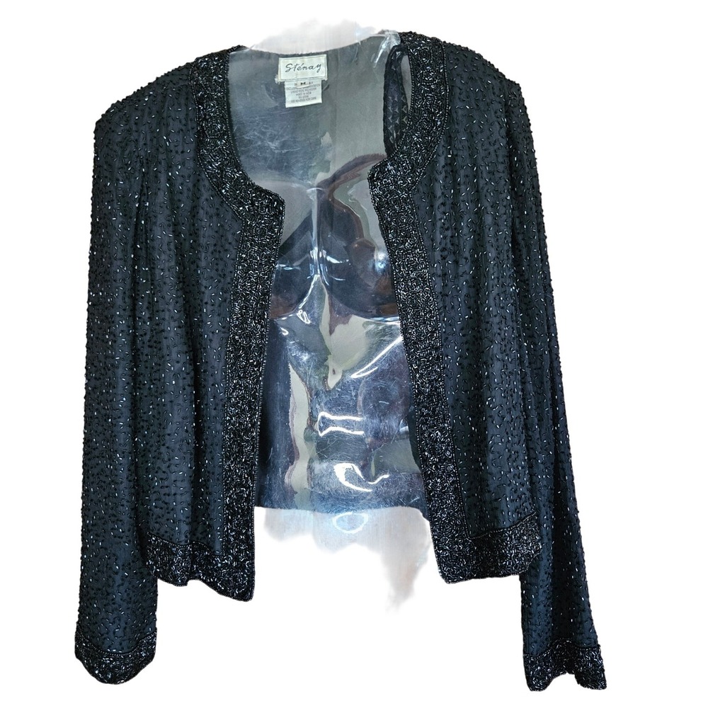 Stenay Womens Medium Black‎ Beaded Silk Evening Jacket Cropped Bolero Open Front